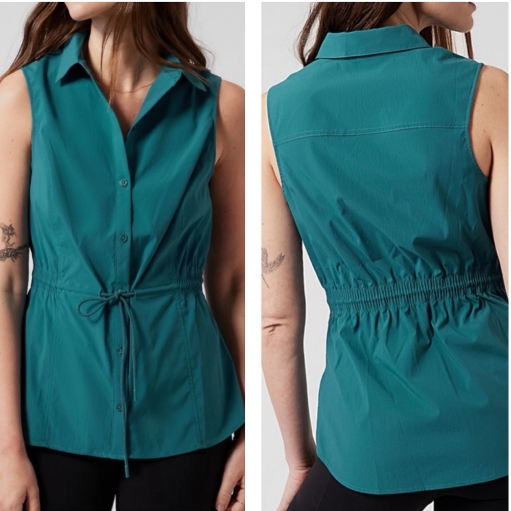 Athleta NEW Levitate Poplin Teal Green Button Down Smocked Cinch‎ Waist Tank Top